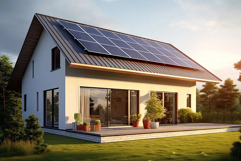 Haus mit Solarmodulen auf dem Satteldach