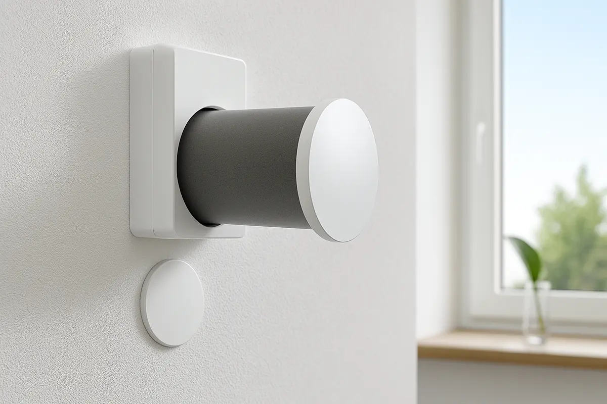 in weißes, kompaktes Lüftungsgerät ist in die Wand eingelassen.