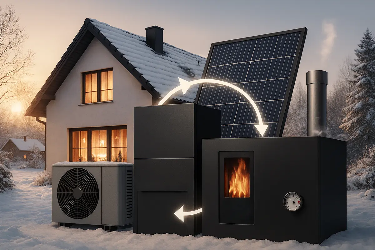 Ein Haus mit Solarpanelen und einer Wärmepumpe, das Hybridlösungen für nachhaltige Energie nutzt.