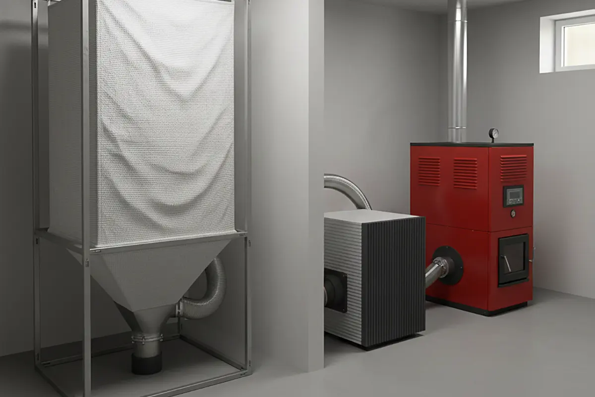 Ein Raum mit einem roten Pelletkessel und einem Lagerbehälter für Pellets.