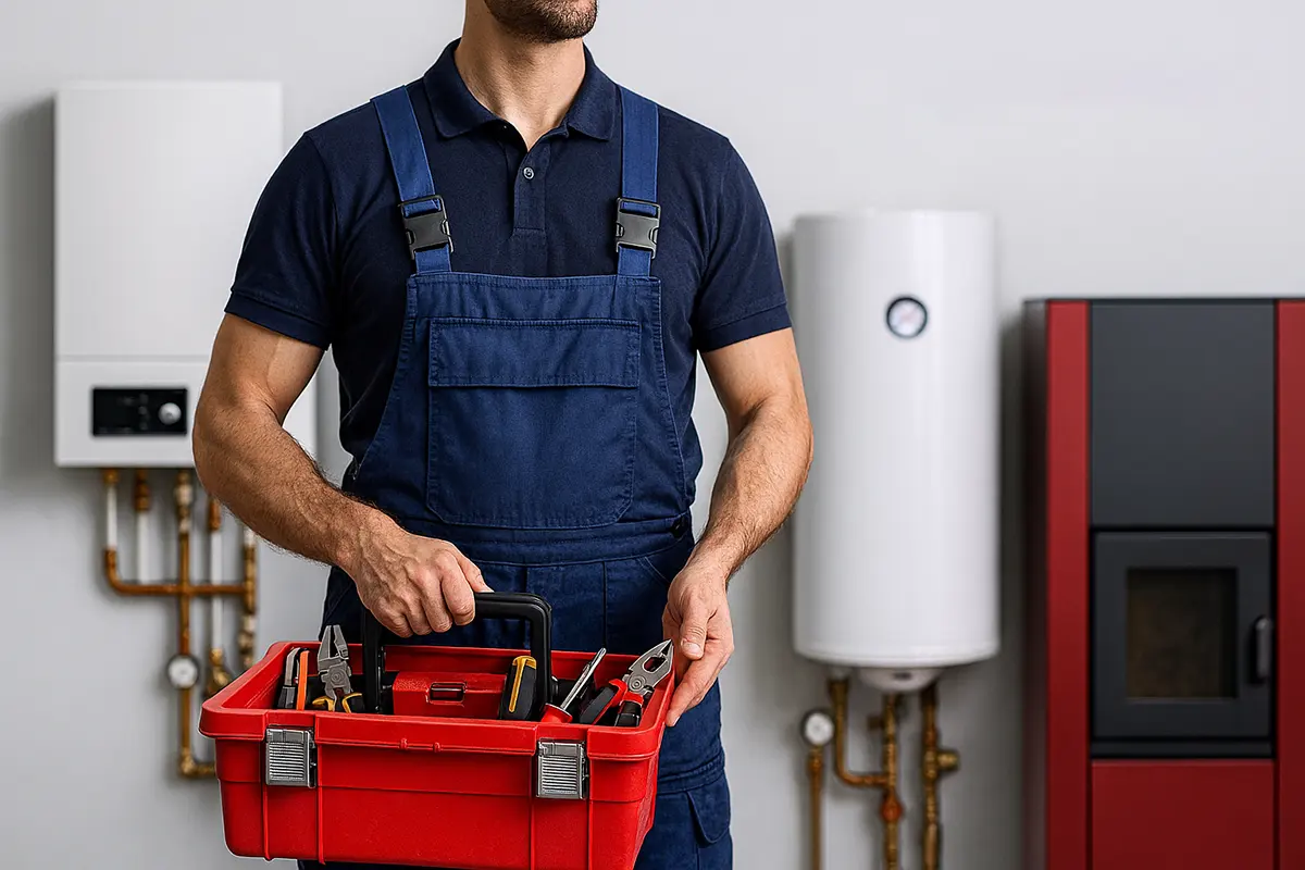 Ein Mann in Latzhose hält einen Werkzeugkasten vor einem Wasserheizer, spezialisiert auf alle Heizungstypen.