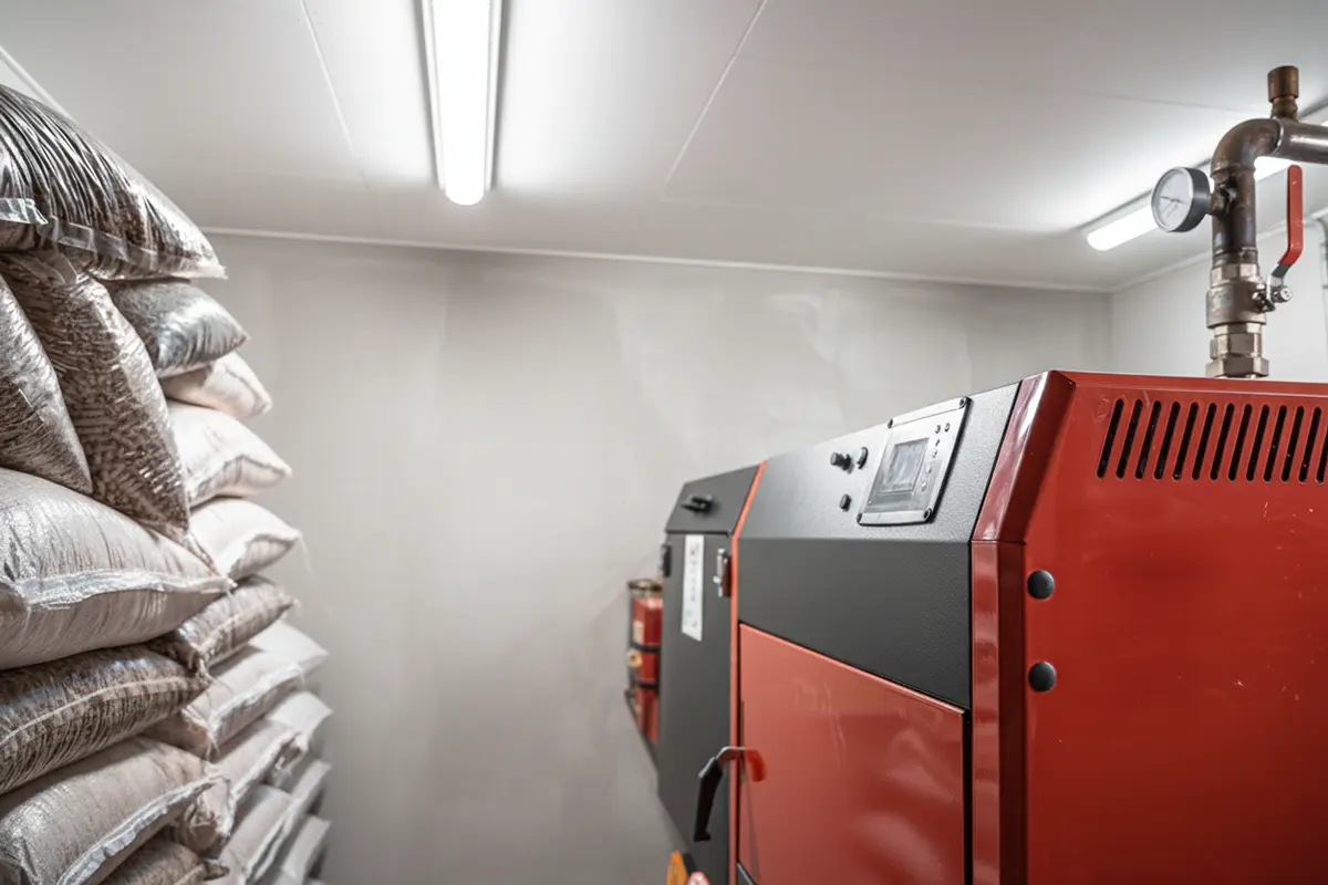 Ein roter und schwarzer Pelletkessel steht in einem Raum voller Säcke.