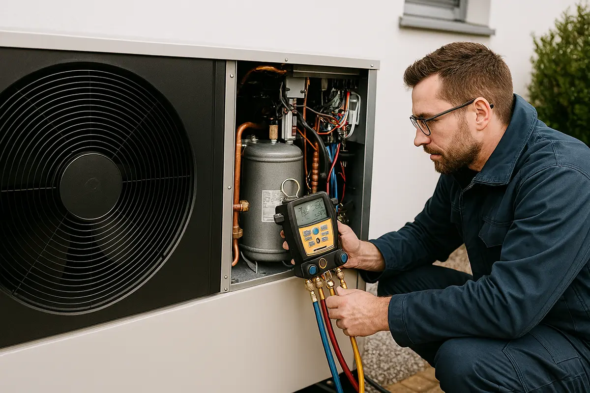 Ein Techniker hält ein Messgerät in der Hand und führt eine Serviceprüfung an einer Wärmepumpe durch.